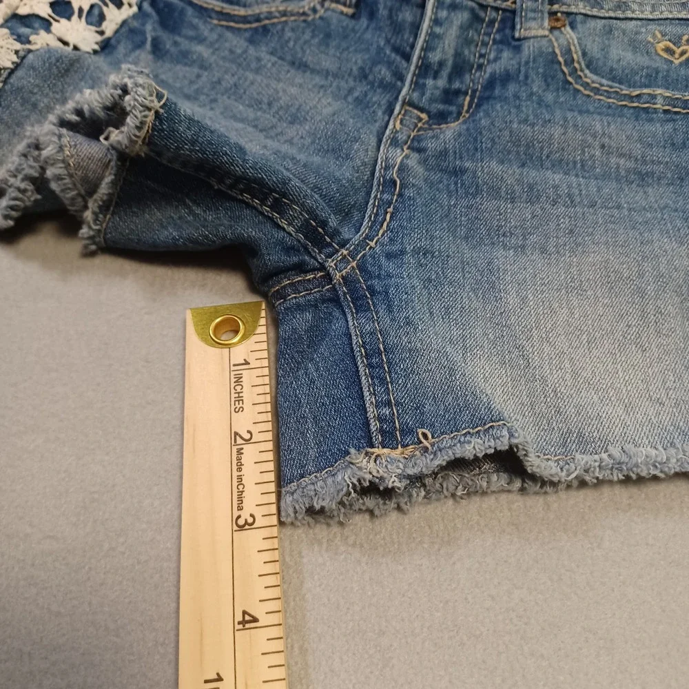 Justice Premium Girls‎ Denim Shorts Size 12S Blue Crochet Lace Side Frayed Hem